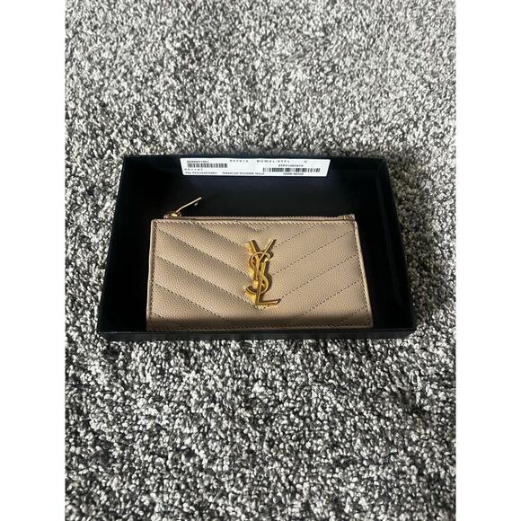 YSL Yves Saint Laurent Cassandre Matelasse Fragments Zipped Card Case Dark Beige - Picture 2 of 14
